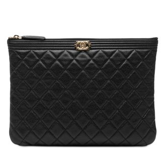 Chanel Pre-owned Womens Medium Quilted Caviar Boy O Case Clutch - Black Leather - One Size
