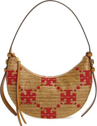 Tory Burch Romy T Monogram Straw Half Moon Shoulder Bag in Natural at Nordstrom