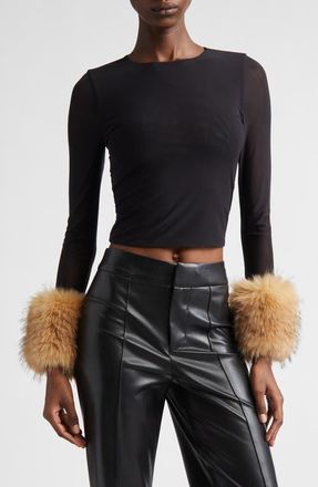 Alice & Olivia Delaina Faux Fur Cuff Mesh Crop Top in Black at Nordstrom, Size X-Small
