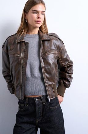 Topshop Faux Leather Ovoid Sleeve Bomber Jacket in Brown at Nordstrom, Size X-Small
