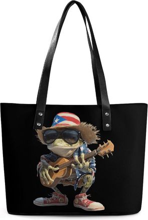 Generic Puerto Flag Frog Guitar Tote Bags for Women Cute Shoulder Purses Handbags