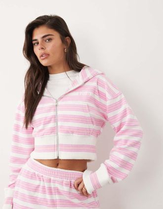 KAIIA Felpa con cappuccio oversize in spugna misto cotone rosa e bianca a righe con zip laterale e logo ricamato in coordinato