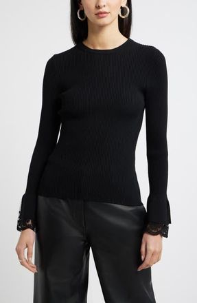 Nordstrom Lace Cuff Ribbed Sweater in Black at Nordstrom, Size Xx-Small