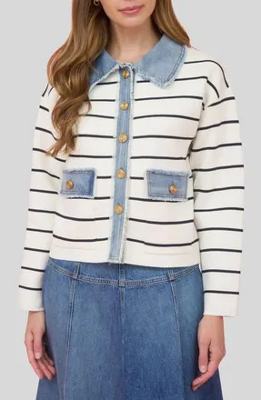ZOE AND CLAIRE Stripe Mixed Media Jacket in Ivory/Black at Nordstrom, Size Small