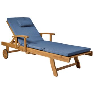 Beliani Tumbona De Jard&iacute;n Reclinable De Madera De Acacia Con Ruedas Coj&iacute;n Azul Resistente Al Agua Y A Los Rayos Uv Java Premium