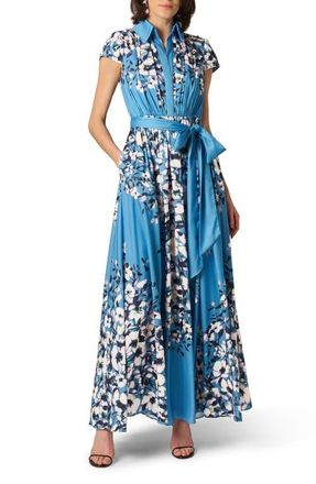 Aidan Mattox Print Tie Waist Gown in Blue Multi at Nordstrom, Size 8