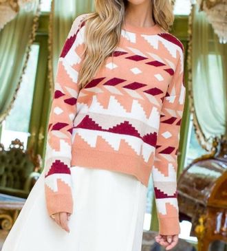 THML Clothing Geo Print Crewneck Sweater In Peach