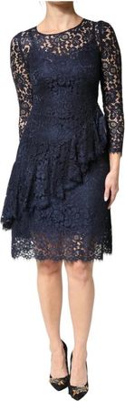 Dolce & Gabbana Kanten A-lijn Jurk tot de Knie met Volant - Dames - Korte kleedjes - Blauw - S - Katoen - Kleedjes