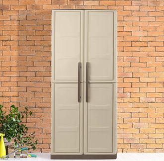 Dmora Armario Para Exteriores O Exteriores Multiusos, 3 Puertas M&oacute;viles Y 3 Estantes De Polipropileno, 100% Made In Italy, 70x39h165 Cm, Color Beige, Con Em