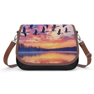 Generic Geese Flying over The Lake Sunset Crossbody Bags for Women Fashion Leather Shoulder Handbags With Adjustable Strap