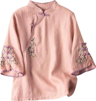 Generic 3/4 Sleeve Linen Blouse for Women UK Asymmetrical Placket Tunic Tops Contrast Trim Retro Chinese-Style Gauze Shirts Elegant Floral Embroidered Ladies 