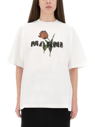 Marni White Cotton T Shirt With Tulip Print
