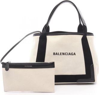 Balenciaga Black Ivory Canvas Leather Pouch Tote Bag (Pre-Owned)