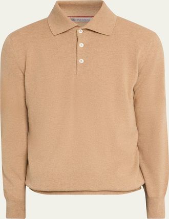 Brunello Cucinelli Mens Cashmere Knit Long-Sleeve Polo Shirt