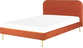 Beliani Cama Con Somier De Terciopelo Naranja Dorado 160 X 200 Cm Patas De Metal Flayat