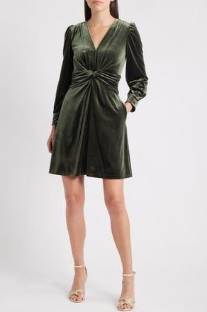 Vince Camuto Twist Front Long Sleeve Velvet Fit & Flare Dress in Olive at Nordstrom Rack, Size 12
