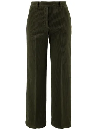Ql2 Quelledue Green Ribbed Stretch Cotton Velvet Straight-Leg Pants