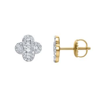 LuvMyJewelry Ariana 0.4 Cts Baguette & Round-Cut Diamond Clover Stud Earrings in 14K Gold