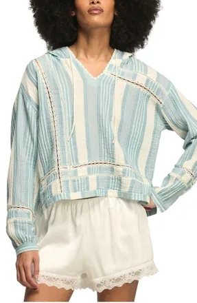 Lucky Brand Stripe Lace Inset Guaze Hoodie in Blue Stripe at Nordstrom, Size Xx-Large