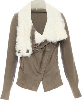 Helmut Lang cream lambskin fur collar brown cotton blend flare jacket M