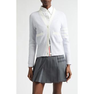 Thom Browne 4-Bar Contrast Trim Cotton Cardigan in Pale Grey at Nordstrom, Size 10 Us