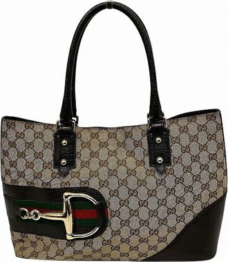 Gucci Horsebit Brown Gg Canvas Leather Handbag Tote Bag (Pre-Owned)
