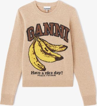 Ganni Brown Graphic Wool Sweater - Size XXS