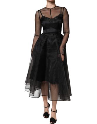 Dolce & Gabbana Black Tulle A-line Midi Cocktail Gown Womens Dress