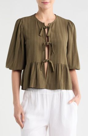 Renee C Stripe Tie Front Peplum Top in Olive at Nordstrom Rack, Size X-Large