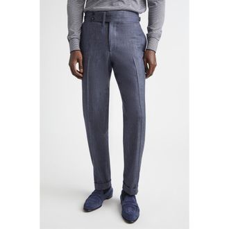 Isaia Denim Effect Stretch Wool, Silk & Linen Cuffed Pants in Medium Blue at Nordstrom, Size 34 Us