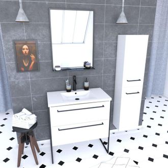 Aurlane Aurlane - Pack Mueble Ba&ntilde;o 80x50 Blanco, 2 Cajones, Lavabo Blanco + Espejo Negro Mate