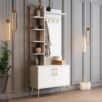 Dmora Mueble De Entrada Loceri, Perchero, 13 Estantes, Puerta Abatible, 90x35x200h Cm Blanco