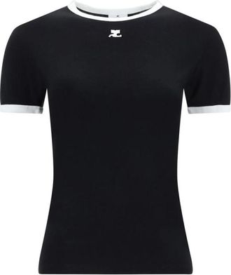 Courr&egrave;ges Logo T-shirt met contrasterende ronde hals - Dames - T-shirts - Zwart - XS - Katoen - Tops