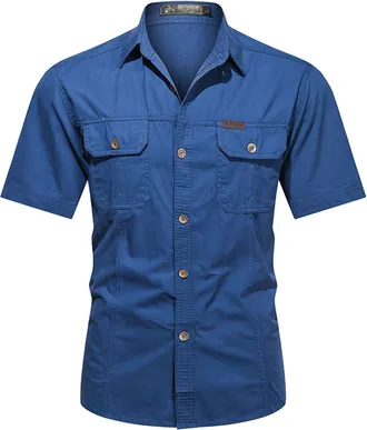 Generic Mens Workwear Short Sleeved Shirts, Casual Cotton Shirts, Lapel Collar Button-Down Shirts for Men Military Style Shirt Summer Light Coats Safari Shirt