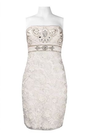 Sue Wong Strapless Beaded Floral Mesh Empire Dress In White