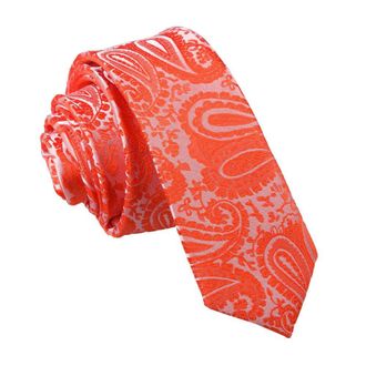 DQT Paisley Floral Patterned Wedding Skinny Neck Tie for Men in Burnt Orange