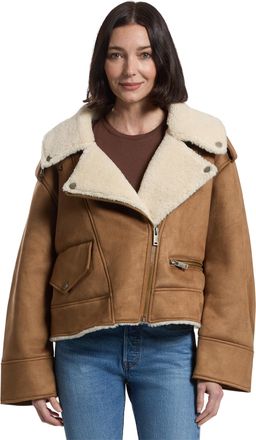 UGG Womens Finnian Luxefluff Moto Jacket Coat, Chestnut, M
