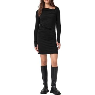AllSaints Seyma Asymmetric Square Neck Long Sleeve Knit Minidress in Black at Nordstrom Rack, Size 10 Us / 14 Uk