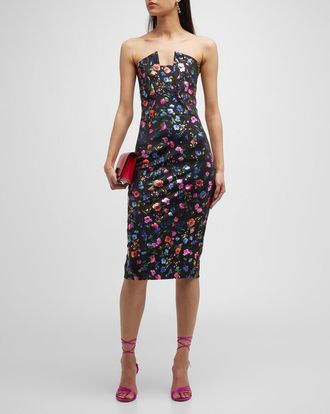 Black Halo Lena Strapless Floral-Print Midi Sheath Dress