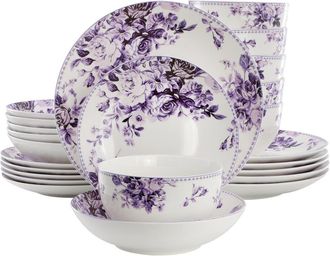 Elama Traditional Purple Rose 24 Piece Porcelain Double Bowl Dinnerware Set at Nordstrom