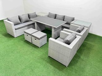Fimous 10 Seater Outdoor Dining Table 3 Seater Sofa Set with 2 Side Tables in Light Grey