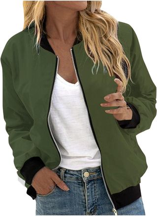 Generic ladies winter jackets Jackets for Women Uk Full Zip Up Bomber Jacket Lightweight Long Sleeve Ladies Tops Plain Casual Coats Autumn Winter Clothes with