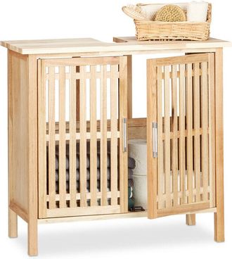 Relaxdays Mobile Bagno Legno di Noce, Mobiletto Sottolavabo, Armadietto per Lavandino, con Incavo per Sifone, naturale - Relaxdays