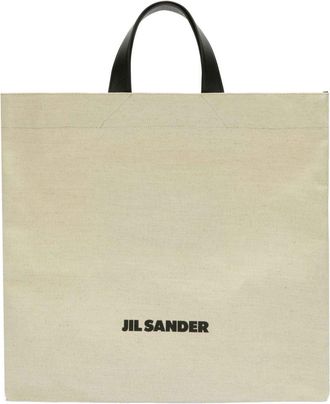 Jil Sander logo-print cotton tote bag - women - Cotton/Calf Leather/Linen/Flax - One Size - Neutrals