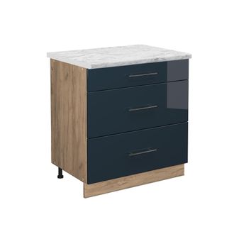 Vicco Mueble Bajo De Cocina Fame-line, Azul Oscuro Alto Brillo, 80 Cm Con 3 Cajones, Et M&aacute;rmol