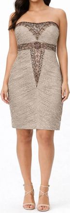 Sue Wong Strapless Beaded Empire Waist Lace Dress In Taupe