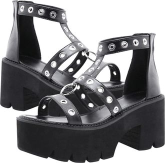 Supvox Womens Black Open-Toe High-Heeled Sandals Hollow Metal Ring, Thick Sole Roman Style, Size 38, Fashion Lady Footwear for Summer and Evening Wear