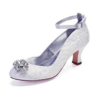 Generic Satin Wedding Shoes Womens Bridal Shoes Round Toe Lace Low Heels Prom Party Dress Shoes 6.5Cm,White,8 UK