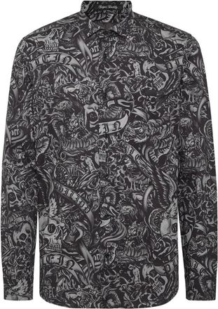 Philipp Plein Overhemden, Heren, Zwart, L, Katoen, Shirt Slim Fit Tattoo