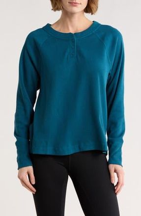 Zella Zen Relaxed Long Sleeve Waffle Knit Henley in Teal Seagate at Nordstrom Rack, Size X-Small
